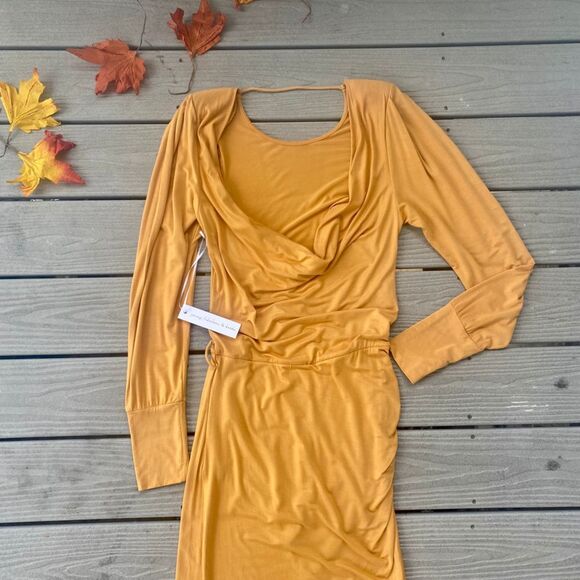 Young Fabulous & Broke Marigold Yellow Midi Drape Ruched Dress Backless Large - Picture 11 of 14